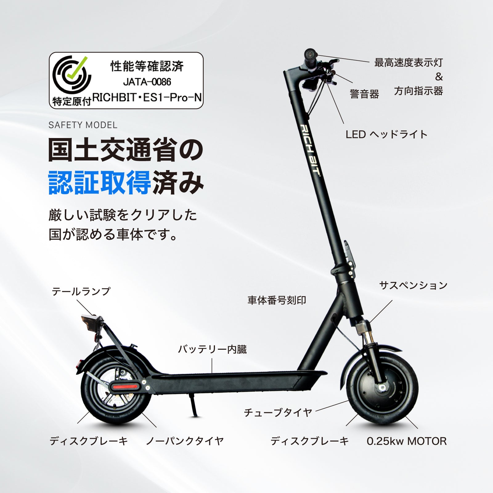 RICHBIT ES1 Pro★特定小型原付 電動キックボード （免許不要・公道/歩道走行可能 ）マイナーチェンジモデル